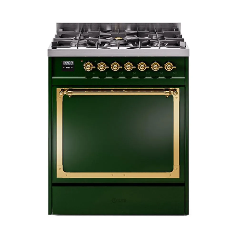 Ilve UN30QNMPEGG Ilve Un30Qnmpegg Nostalgie Ii Noblesse 30" Dual Fuel Range (Natural Gas, Solid Door, Emerald Green, Brass)