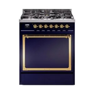 Ilve UN30QNMPMBG Ilve Un30Qnmpmbg Nostalgie Ii Noblesse 30" Dual Fuel Range (Natural Gas, Solid Door, Midnight Blue, Brass)