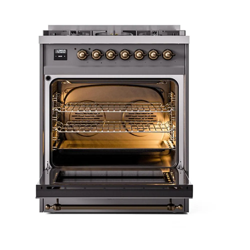 Ilve UN30QNMPMGB Ilve Un30Qnmpmgb Nostalgie Ii Noblesse 30" Dual Fuel Range (Natural Gas, Solid Door, Graphite Matte, Burnished)