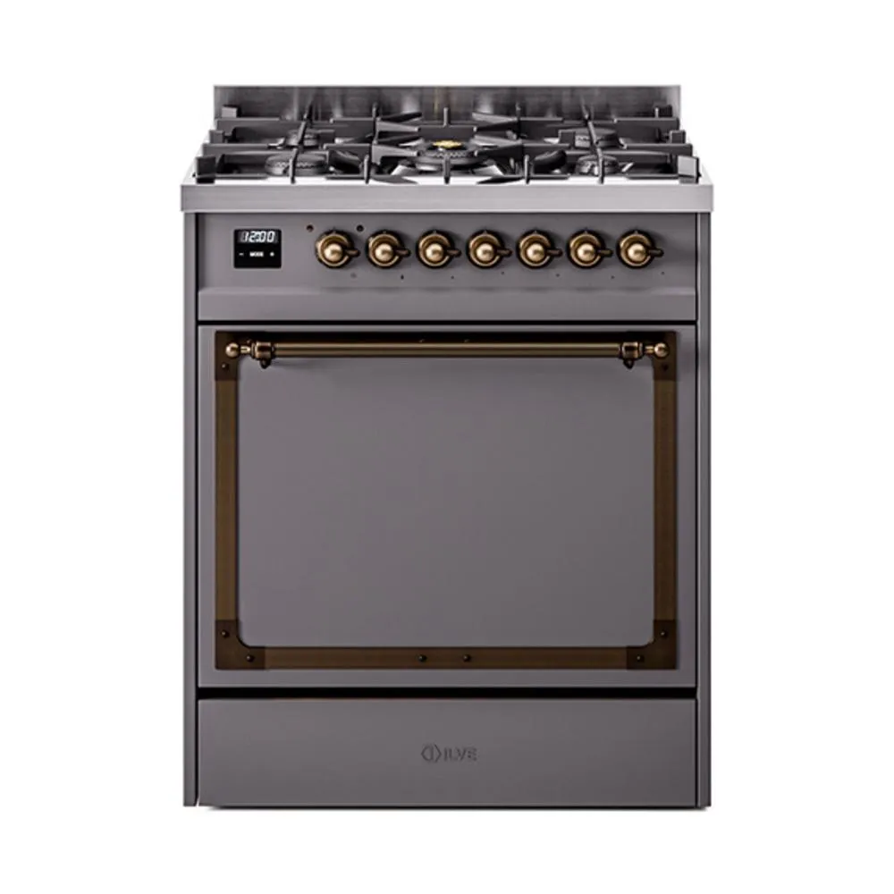 Ilve UN30QNMPMGBLP Ilve Un30Qnmpmgblp Nostalgie Ii Noblesse 30" Dual Fuel Range (Liquid Propane, Solid Door, Graphite Matte, Burnished)