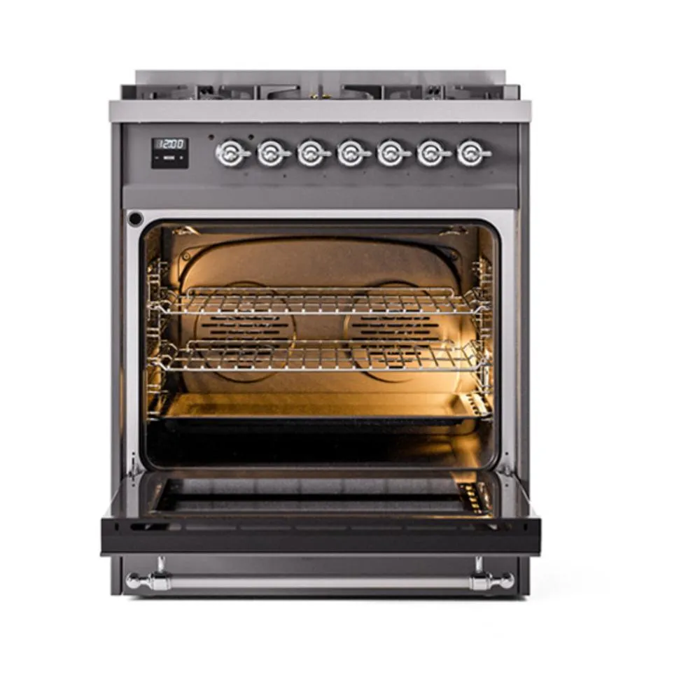 Ilve UN30QNMPMGC Ilve Un30Qnmpmgc Nostalgie Ii Noblesse 30" Dual Fuel Range (Natural Gas, Solid Door, Graphite Matte, Chrome)