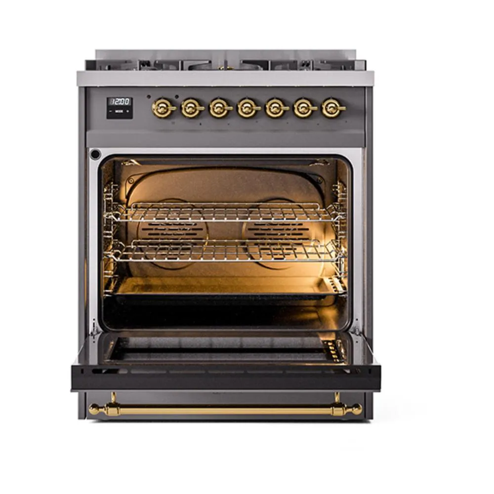 Ilve UN30QNMPMGG Ilve Un30Qnmpmgg Nostalgie Ii Noblesse 30" Dual Fuel Range (Natural Gas, Solid Door, Graphite Matte, Brass)