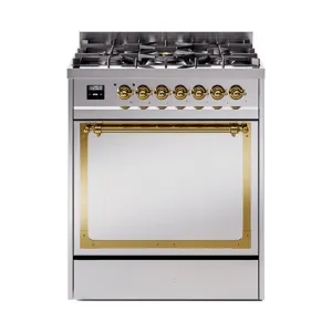Ilve UN30QNMPSSG Ilve Un30Qnmpssg Nostalgie Ii Noblesse 30" Dual Fuel Range (Natural Gas, Solid Door, Stainless Steel, Brass)