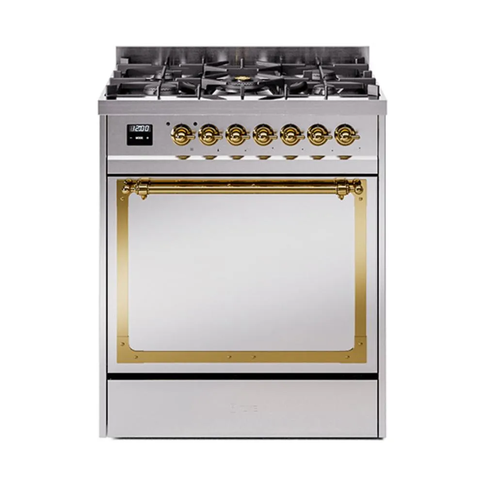Ilve UN30QNMPSSGLP Ilve Un30Qnmpssglp Nostalgie Ii Noblesse 30" Dual Fuel Range (Liquid Propane, Solid Door, Stainless Steel, Brass)