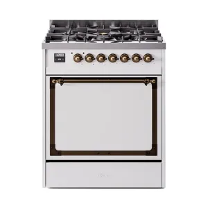Ilve UN30QNMPWHB Ilve Un30Qnmpwhb Nostalgie Ii Noblesse 30" Dual Fuel Range (Natural Gas, Solid Door, White, Burnished)