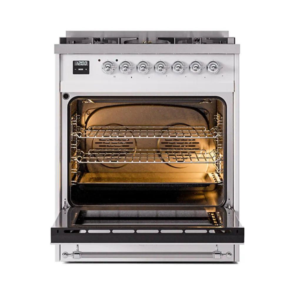 Ilve UN30QNMPWHC Ilve Un30Qnmpwhc Nostalgie Ii Noblesse 30" Dual Fuel Range (Natural Gas, Solid Door, White, Chrome)