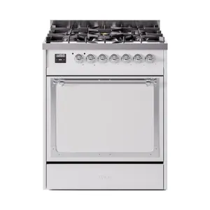 Ilve UN30QNMPWHC Ilve Un30Qnmpwhc Nostalgie Ii Noblesse 30" Dual Fuel Range (Natural Gas, Solid Door, White, Chrome)