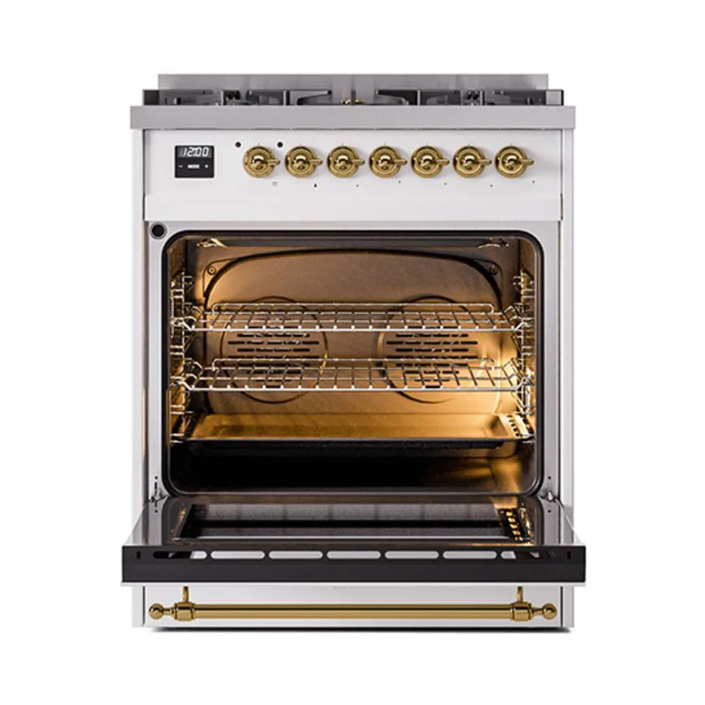 Ilve UN30QNMPWHGLP Ilve Un30Qnmpwhglp Nostalgie Ii Noblesse 30" Dual Fuel Range (Liquid Propane, Solid Door, White, Brass)