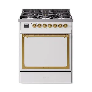Ilve UN30QNMPWHGLP Ilve Un30Qnmpwhglp Nostalgie Ii Noblesse 30" Dual Fuel Range (Liquid Propane, Solid Door, White, Brass)