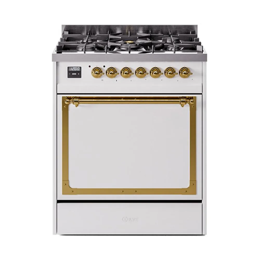 Ilve UN30QNMPWHGLP Ilve Un30Qnmpwhglp Nostalgie Ii Noblesse 30" Dual Fuel Range (Liquid Propane, Solid Door, White, Brass)