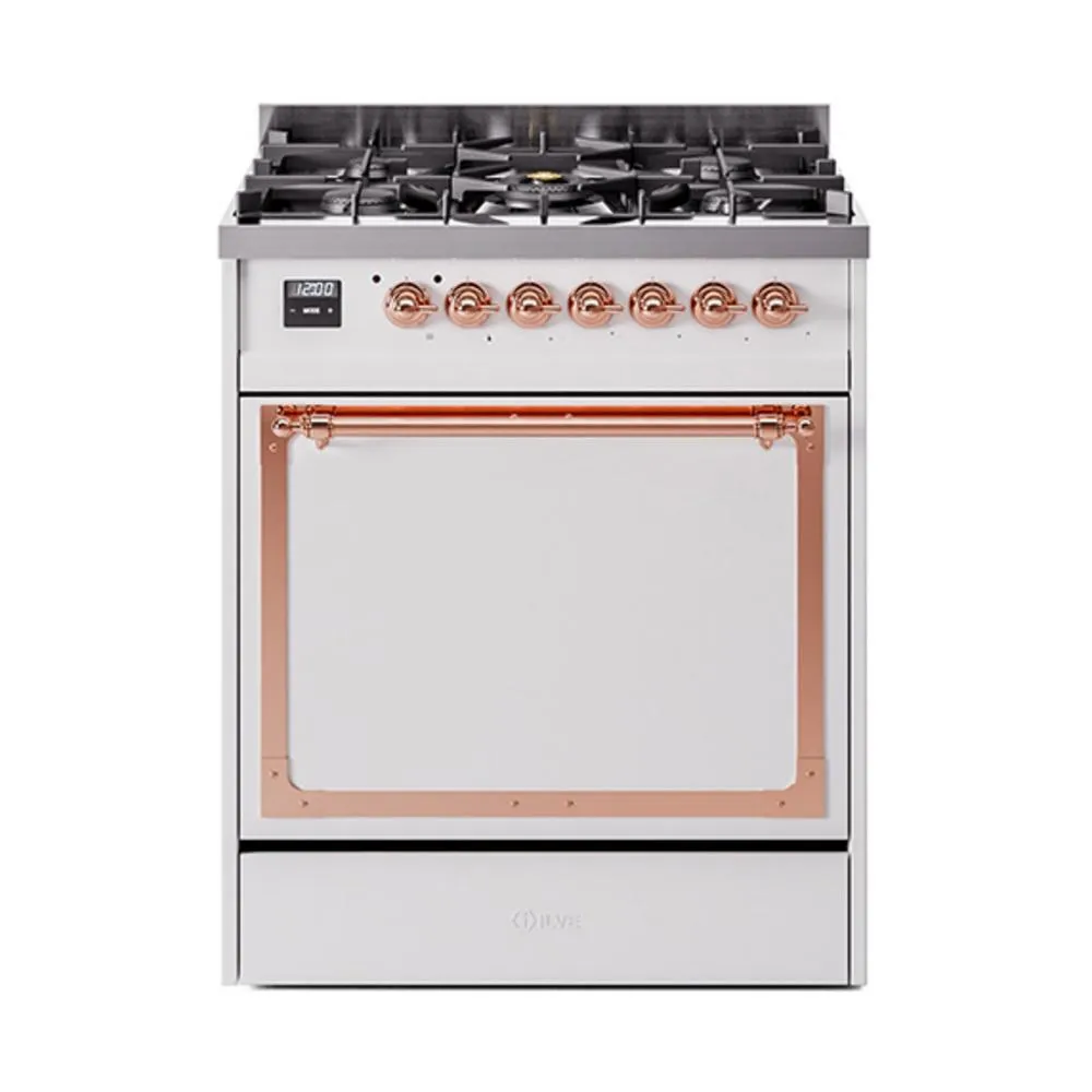 Ilve UN30QNMPWHP Ilve Un30Qnmpwhp Nostalgie Ii Noblesse 30" Dual Fuel Range (Natural Gas, Solid Door, White, Copper)