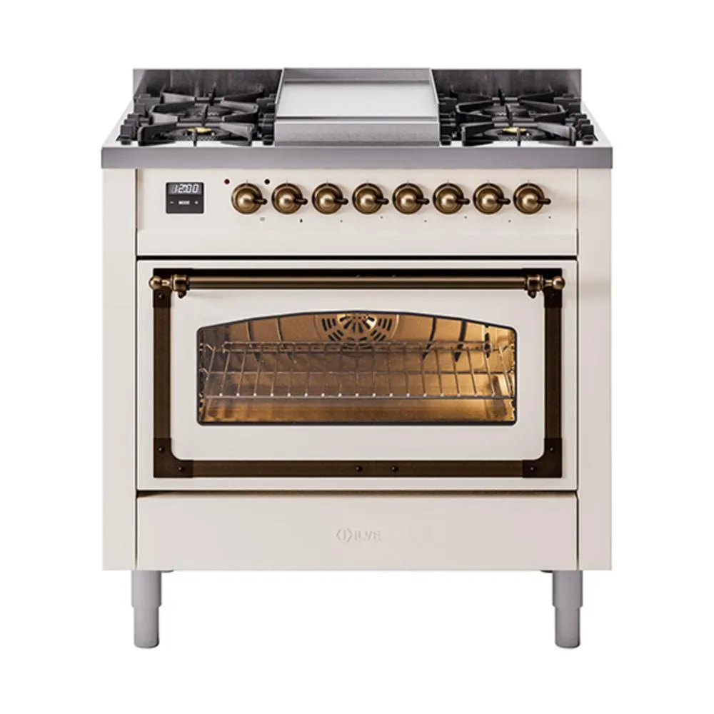 Ilve UN36FNMPAWB Ilve Un36Fnmpawb Nostalgie Ii Noblesse 36" Dual Fuel Range (Natural Gas, Triple Glass Door, Antique White, Burnished)