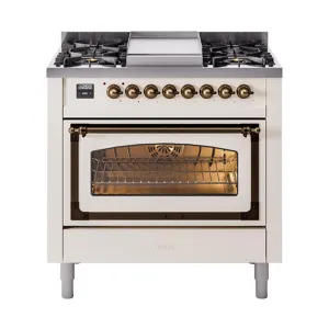 Ilve UN36FNMPAWB Ilve Un36Fnmpawb Nostalgie Ii Noblesse 36" Dual Fuel Range (Natural Gas, Triple Glass Door, Antique White, Burnished)