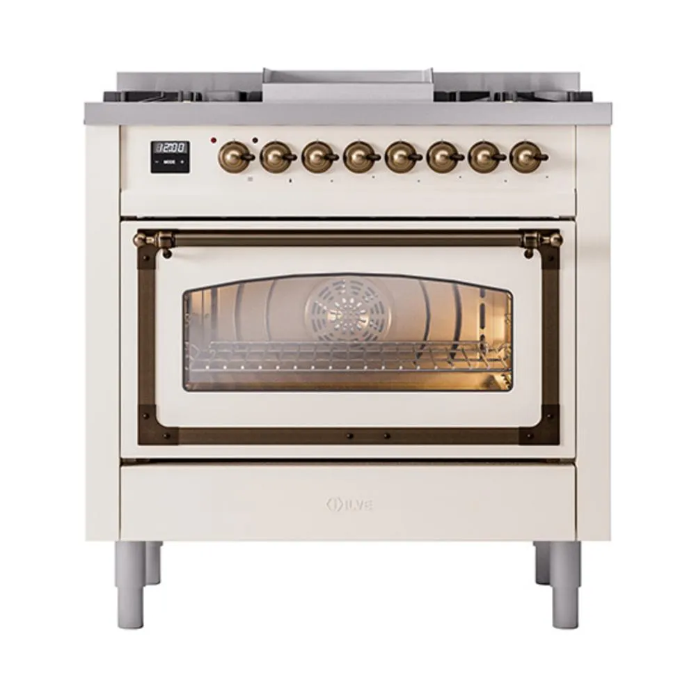 Ilve UN36FNMPAWB Ilve Un36Fnmpawb Nostalgie Ii Noblesse 36" Dual Fuel Range (Natural Gas, Triple Glass Door, Antique White, Burnished)