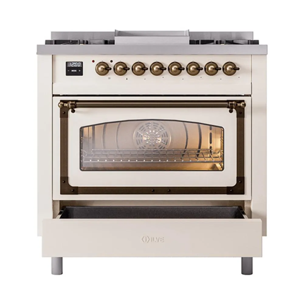 Ilve UN36FNMPAWB Ilve Un36Fnmpawb Nostalgie Ii Noblesse 36" Dual Fuel Range (Natural Gas, Triple Glass Door, Antique White, Burnished)