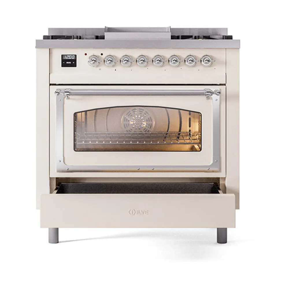 Ilve UN36FNMPAWCLP Ilve Un36Fnmpawclp Nostalgie Ii Noblesse 36" Dual Fuel Range (Liquid Propane, Triple Glass Door, Antique White, Chrome)