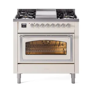 Ilve UN36FNMPAWCLP Ilve Un36Fnmpawclp Nostalgie Ii Noblesse 36" Dual Fuel Range (Liquid Propane, Triple Glass Door, Antique White, Chrome)