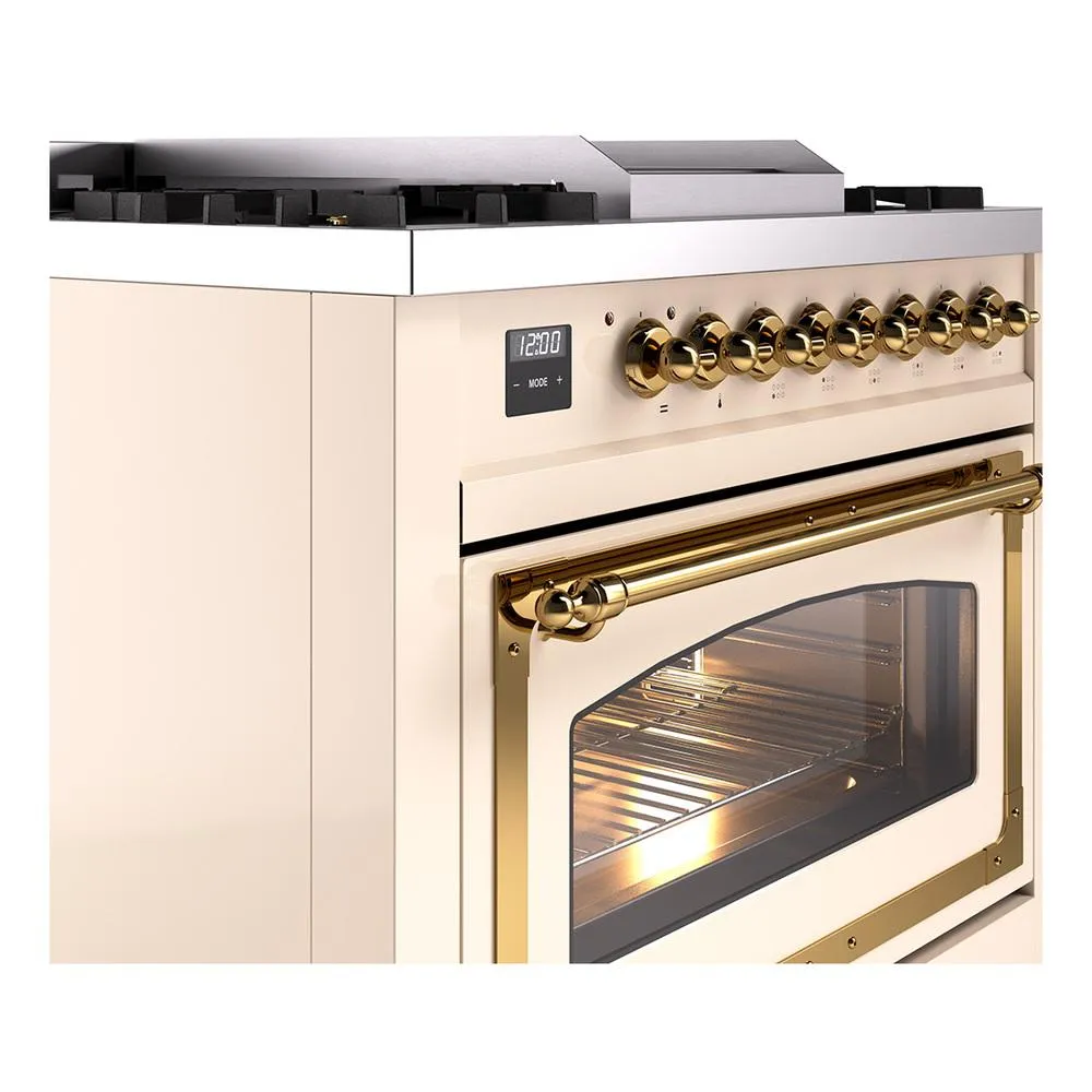 Ilve UN36FNMPAWG Ilve Un36Fnmpawg Nostalgie Ii Noblesse 36" Dual Fuel Range (Natural Gas, Triple Glass Door, Antique White, Brass)