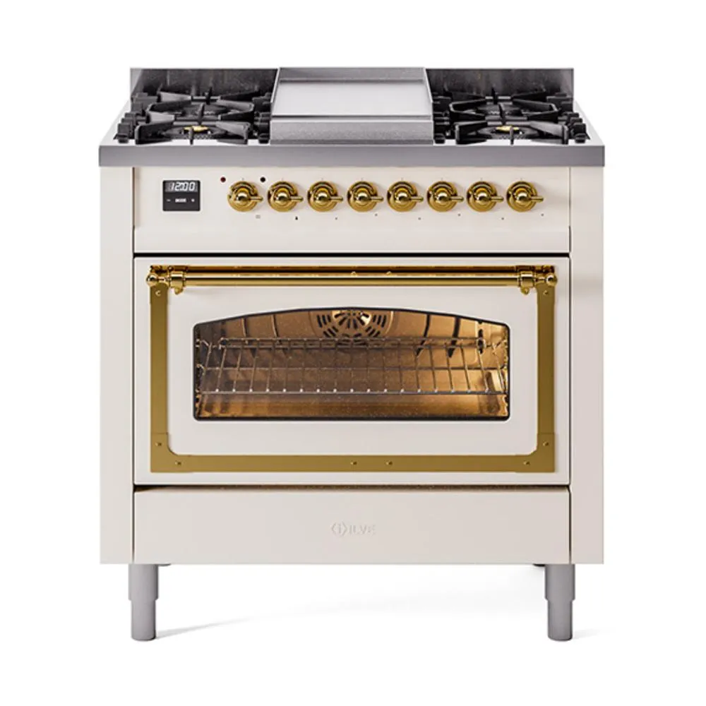 Ilve UN36FNMPAWG Ilve Un36Fnmpawg Nostalgie Ii Noblesse 36" Dual Fuel Range (Natural Gas, Triple Glass Door, Antique White, Brass)