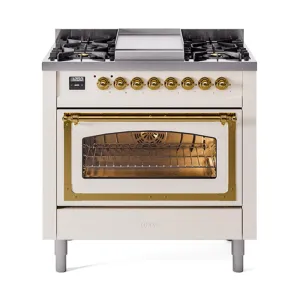 Ilve UN36FNMPAWG Ilve Un36Fnmpawg Nostalgie Ii Noblesse 36" Dual Fuel Range (Natural Gas, Triple Glass Door, Antique White, Brass)