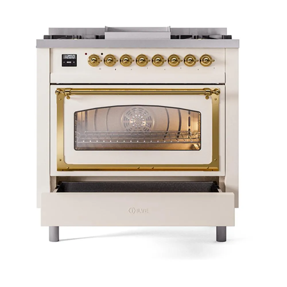 Ilve UN36FNMPAWGLP Ilve Un36Fnmpawglp Nostalgie Ii Noblesse 36" Dual Fuel Range (Liquid Propane, Triple Glass Door, Antique White, Brass)