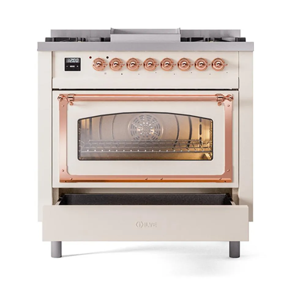 Ilve UN36FNMPAWP Ilve Un36Fnmpawp Nostalgie Ii Noblesse 36" Dual Fuel Range (Natural Gas, Triple Glass Door, Antique White, Copper)