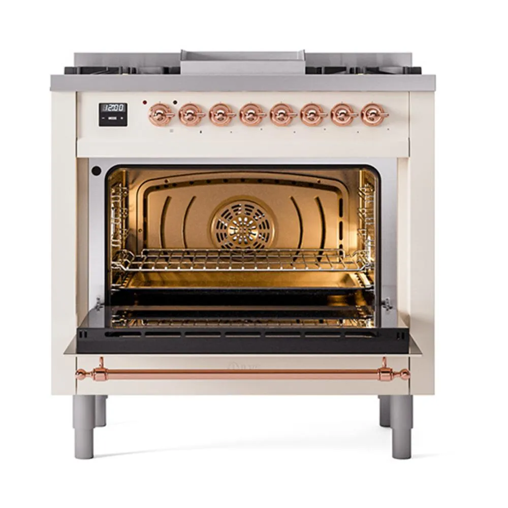 Ilve UN36FNMPAWP Ilve Un36Fnmpawp Nostalgie Ii Noblesse 36" Dual Fuel Range (Natural Gas, Triple Glass Door, Antique White, Copper)