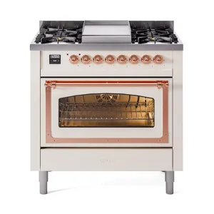 Ilve UN36FNMPAWP Ilve Un36Fnmpawp Nostalgie Ii Noblesse 36" Dual Fuel Range (Natural Gas, Triple Glass Door, Antique White, Copper)