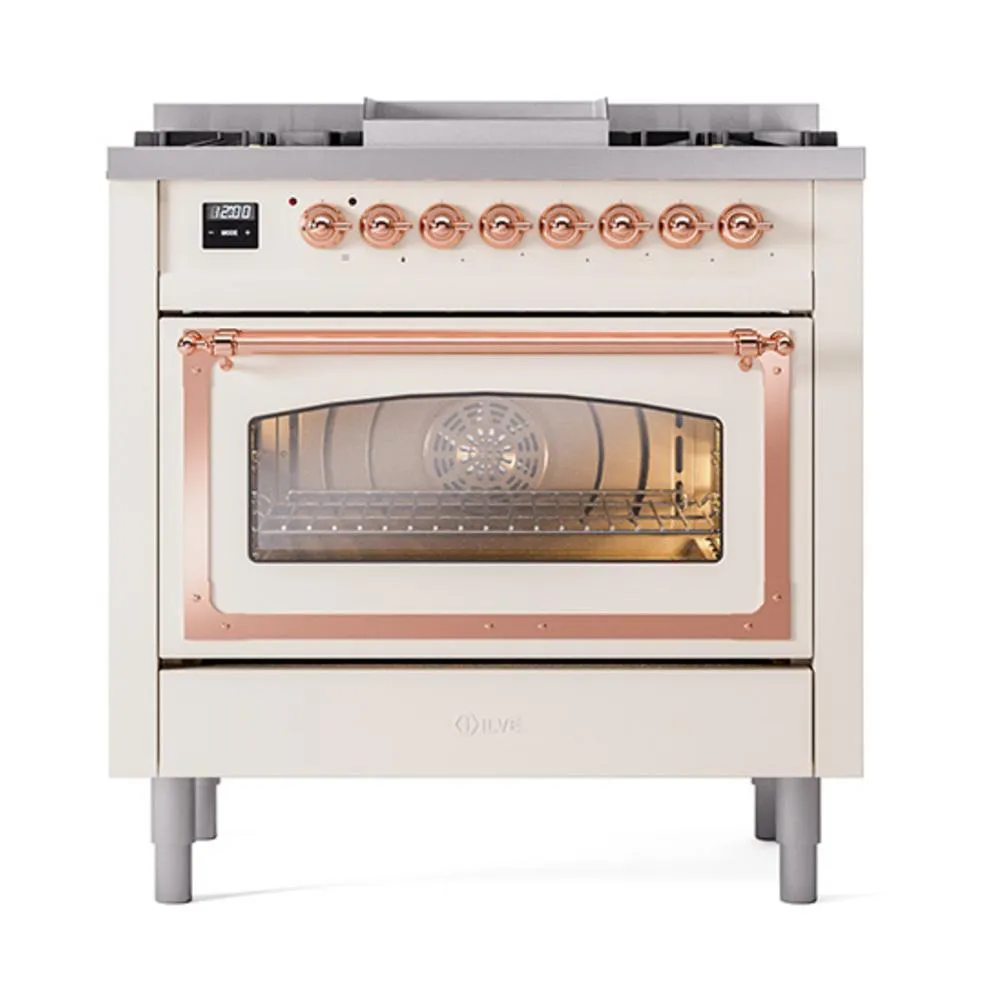 Ilve UN36FNMPAWP Ilve Un36Fnmpawp Nostalgie Ii Noblesse 36" Dual Fuel Range (Natural Gas, Triple Glass Door, Antique White, Copper)