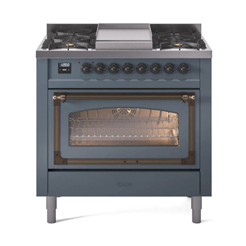 Ilve UN36FNMPBGB Ilve Un36Fnmpbgb Nostalgie Ii Noblesse 36" Dual Fuel Range (Natural Gas, Triple Glass Door, Blue Grey, Burnished)