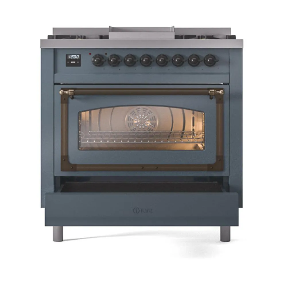 Ilve UN36FNMPBGBLP Ilve Un36Fnmpbgblp Nostalgie Ii Noblesse 36" Dual Fuel Range (Liquid Propane, Triple Glass Door, Blue Grey, Burnished)