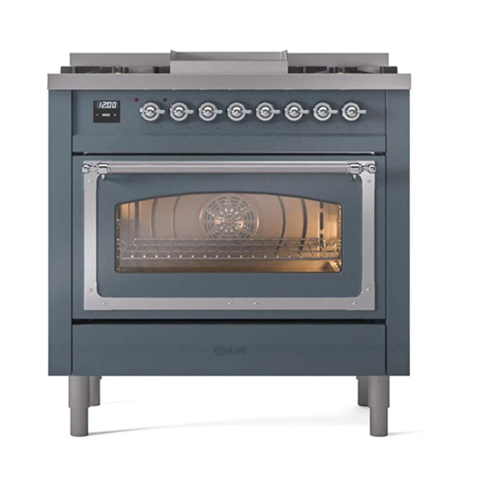 Ilve UN36FNMPBGC Ilve Un36Fnmpbgc Nostalgie Ii Noblesse 36" Dual Fuel Range (Natural Gas, Triple Glass Door, Blue Grey, Chrome)