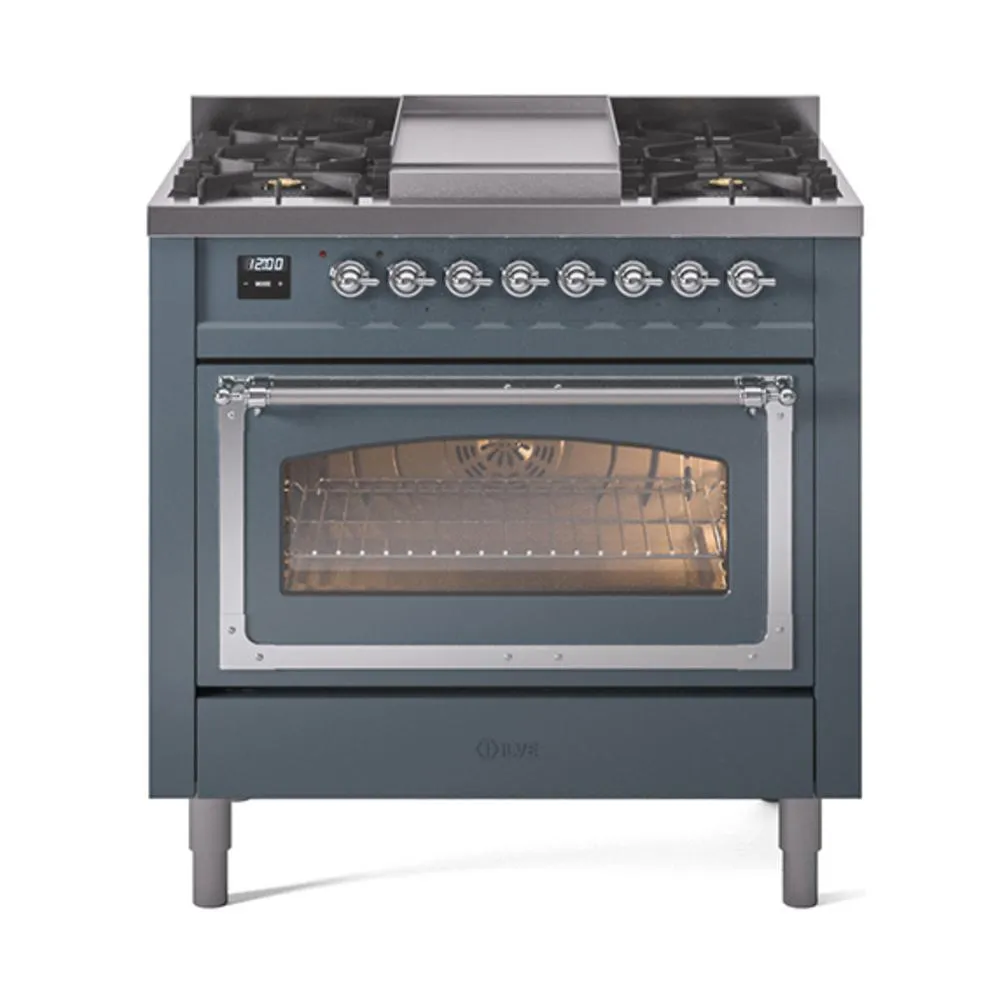 Ilve UN36FNMPBGC Ilve Un36Fnmpbgc Nostalgie Ii Noblesse 36" Dual Fuel Range (Natural Gas, Triple Glass Door, Blue Grey, Chrome)