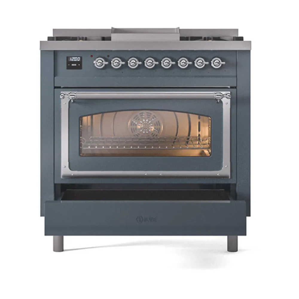 Ilve UN36FNMPBGC Ilve Un36Fnmpbgc Nostalgie Ii Noblesse 36" Dual Fuel Range (Natural Gas, Triple Glass Door, Blue Grey, Chrome)