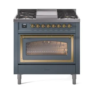 Ilve UN36FNMPBGGLP Ilve Un36Fnmpbgglp Nostalgie Ii Noblesse 36" Dual Fuel Range (Liquid Propane, Triple Glass Door, Blue Grey, Brass)