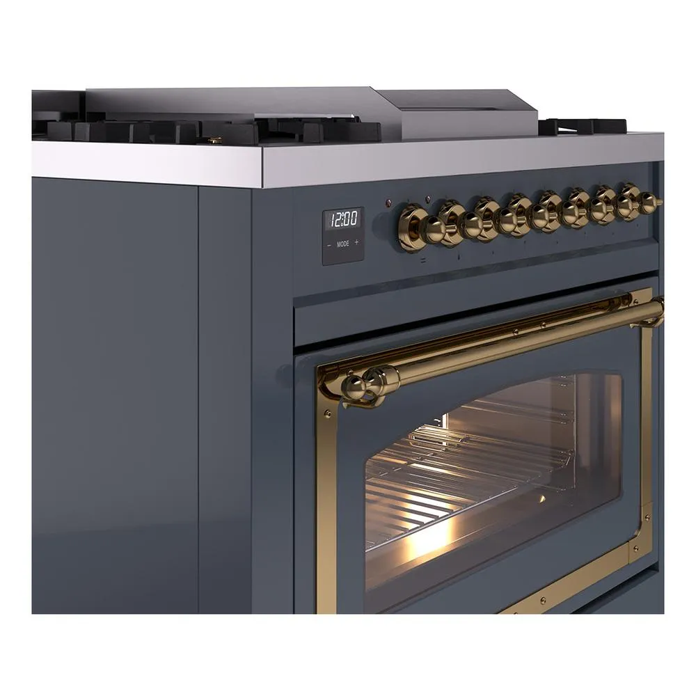 Ilve UN36FNMPBGGLP Ilve Un36Fnmpbgglp Nostalgie Ii Noblesse 36" Dual Fuel Range (Liquid Propane, Triple Glass Door, Blue Grey, Brass)