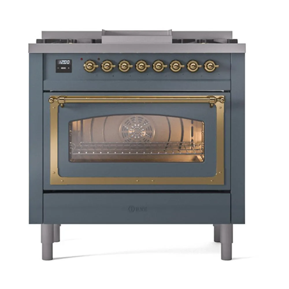 Ilve UN36FNMPBGGLP Ilve Un36Fnmpbgglp Nostalgie Ii Noblesse 36" Dual Fuel Range (Liquid Propane, Triple Glass Door, Blue Grey, Brass)