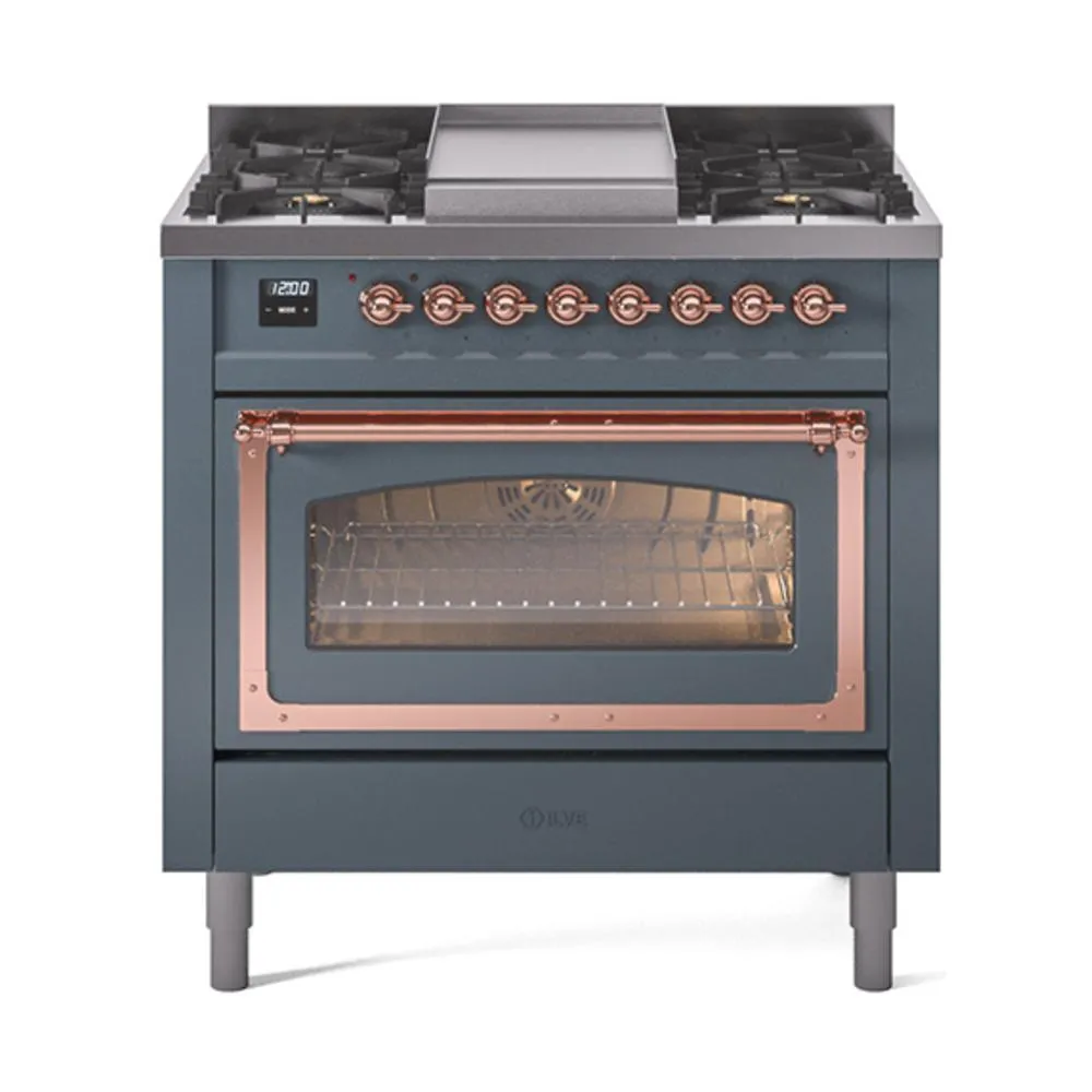 Ilve UN36FNMPBGPLP Ilve Un36Fnmpbgplp Nostalgie Ii Noblesse 36" Dual Fuel Range (Liquid Propane, Triple Glass Door, Blue Grey, Copper)