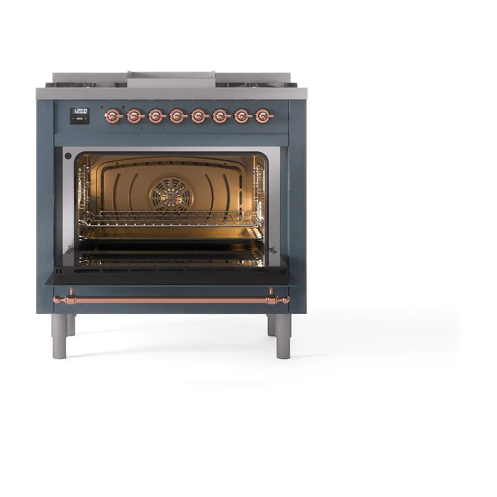 Ilve UN36FNMPBGPLP Ilve Un36Fnmpbgplp Nostalgie Ii Noblesse 36" Dual Fuel Range (Liquid Propane, Triple Glass Door, Blue Grey, Copper)