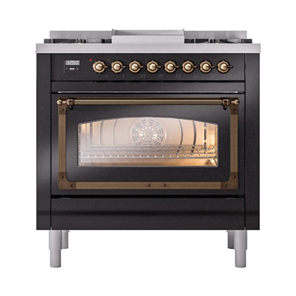 Ilve UN36FNMPBKB Ilve Un36Fnmpbkb Nostalgie Ii Noblesse 36" Dual Fuel Range (Natural Gas, Triple Glass Door, Glossy Black, Burnished)