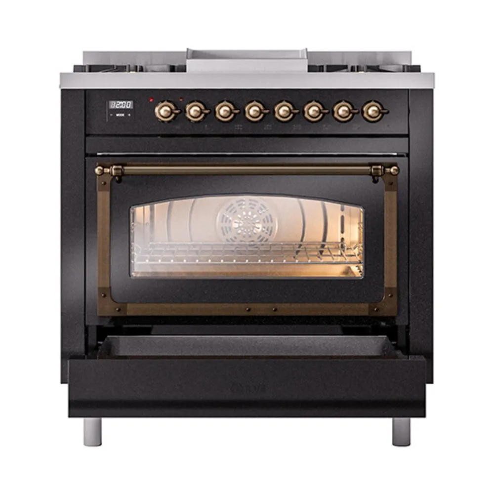 Ilve UN36FNMPBKBLP Ilve Un36Fnmpbkblp Nostalgie Ii Noblesse 36" Dual Fuel Range (Liquid Propane, Triple Glass Door, Glossy Black, Burnished)