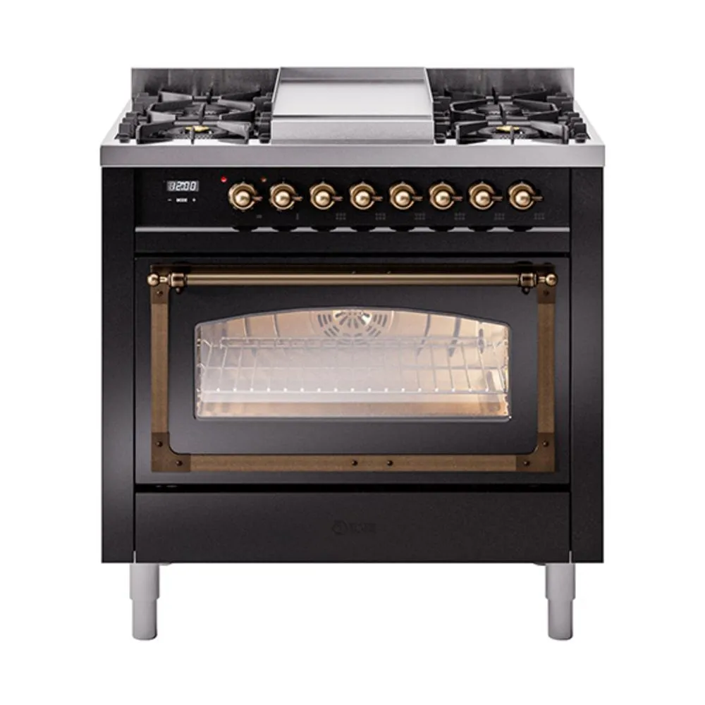 Ilve UN36FNMPBKBLP Ilve Un36Fnmpbkblp Nostalgie Ii Noblesse 36" Dual Fuel Range (Liquid Propane, Triple Glass Door, Glossy Black, Burnished)
