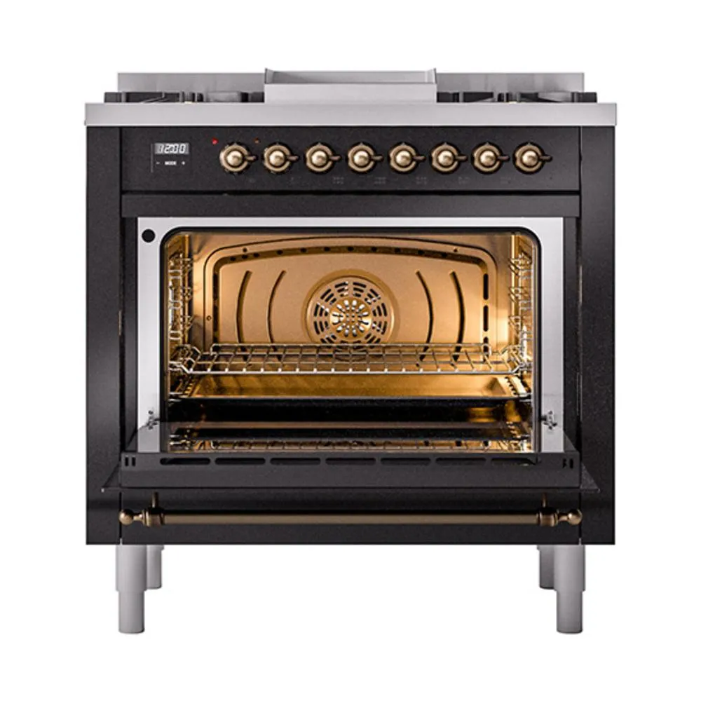 Ilve UN36FNMPBKBLP Ilve Un36Fnmpbkblp Nostalgie Ii Noblesse 36" Dual Fuel Range (Liquid Propane, Triple Glass Door, Glossy Black, Burnished)