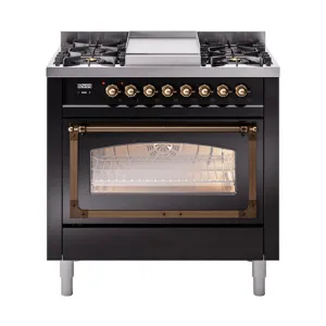 Ilve UN36FNMPBKBLP Ilve Un36Fnmpbkblp Nostalgie Ii Noblesse 36" Dual Fuel Range (Liquid Propane, Triple Glass Door, Glossy Black, Burnished)