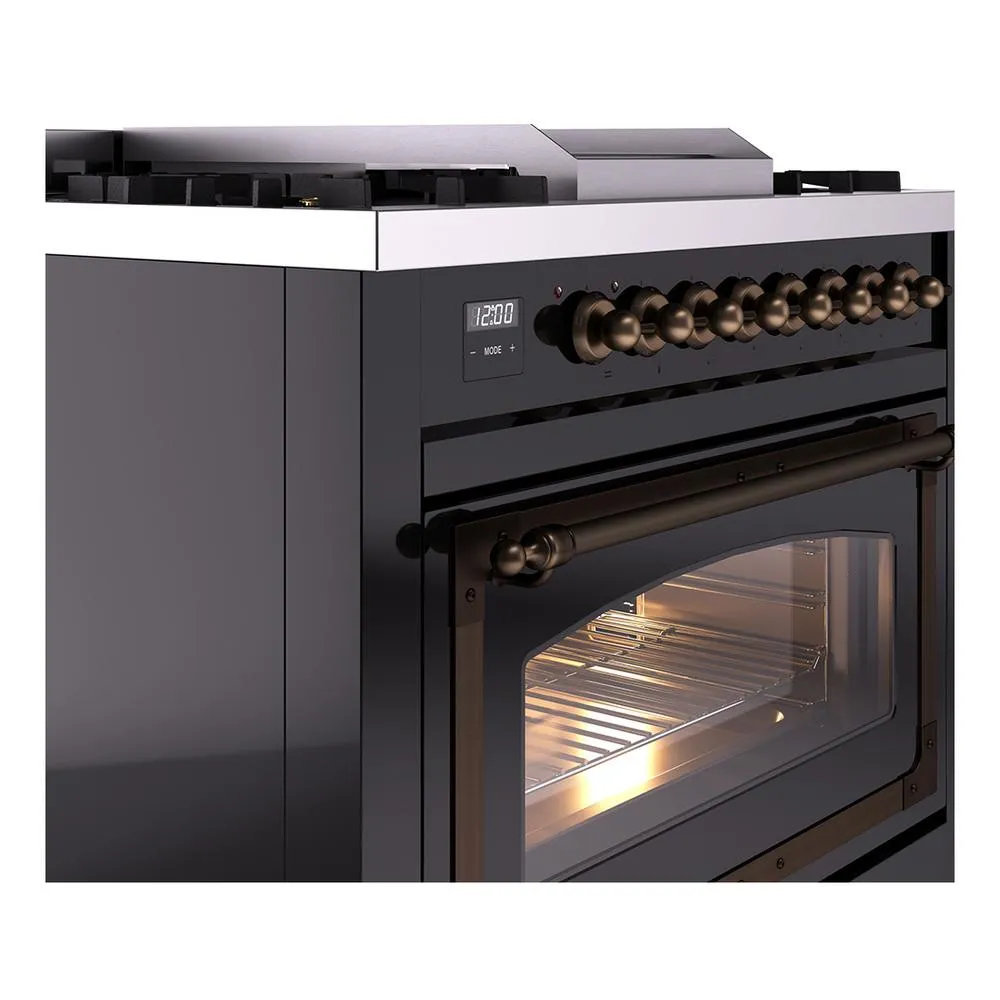 Ilve UN36FNMPBKBLP Ilve Un36Fnmpbkblp Nostalgie Ii Noblesse 36" Dual Fuel Range (Liquid Propane, Triple Glass Door, Glossy Black, Burnished)
