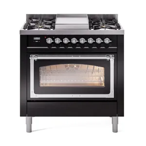 Ilve UN36FNMPBKC Ilve Un36Fnmpbkc Nostalgie Ii Noblesse 36" Dual Fuel Range (Natural Gas, Triple Glass Door, Glossy Black, Chrome)