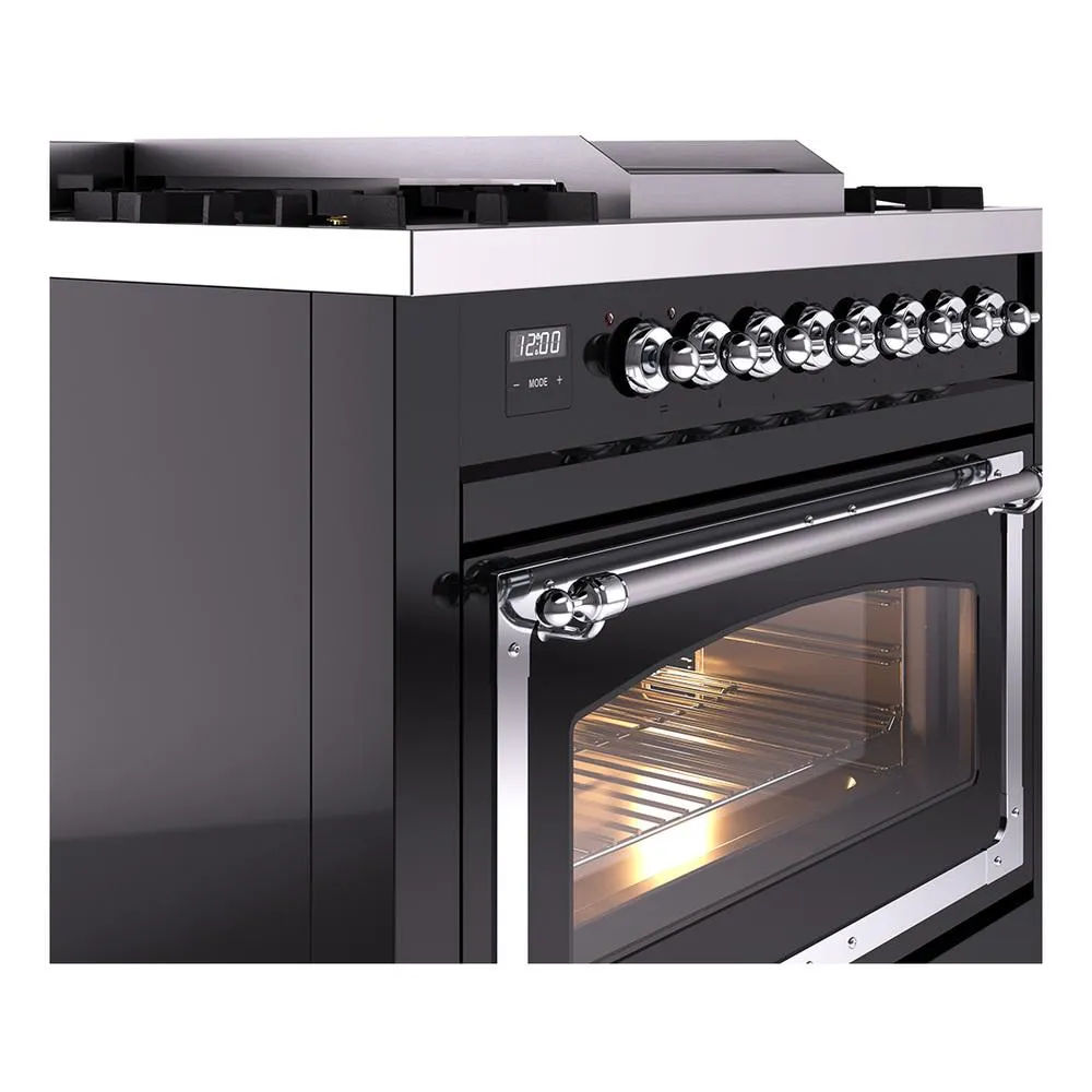 Ilve UN36FNMPBKC Ilve Un36Fnmpbkc Nostalgie Ii Noblesse 36" Dual Fuel Range (Natural Gas, Triple Glass Door, Glossy Black, Chrome)