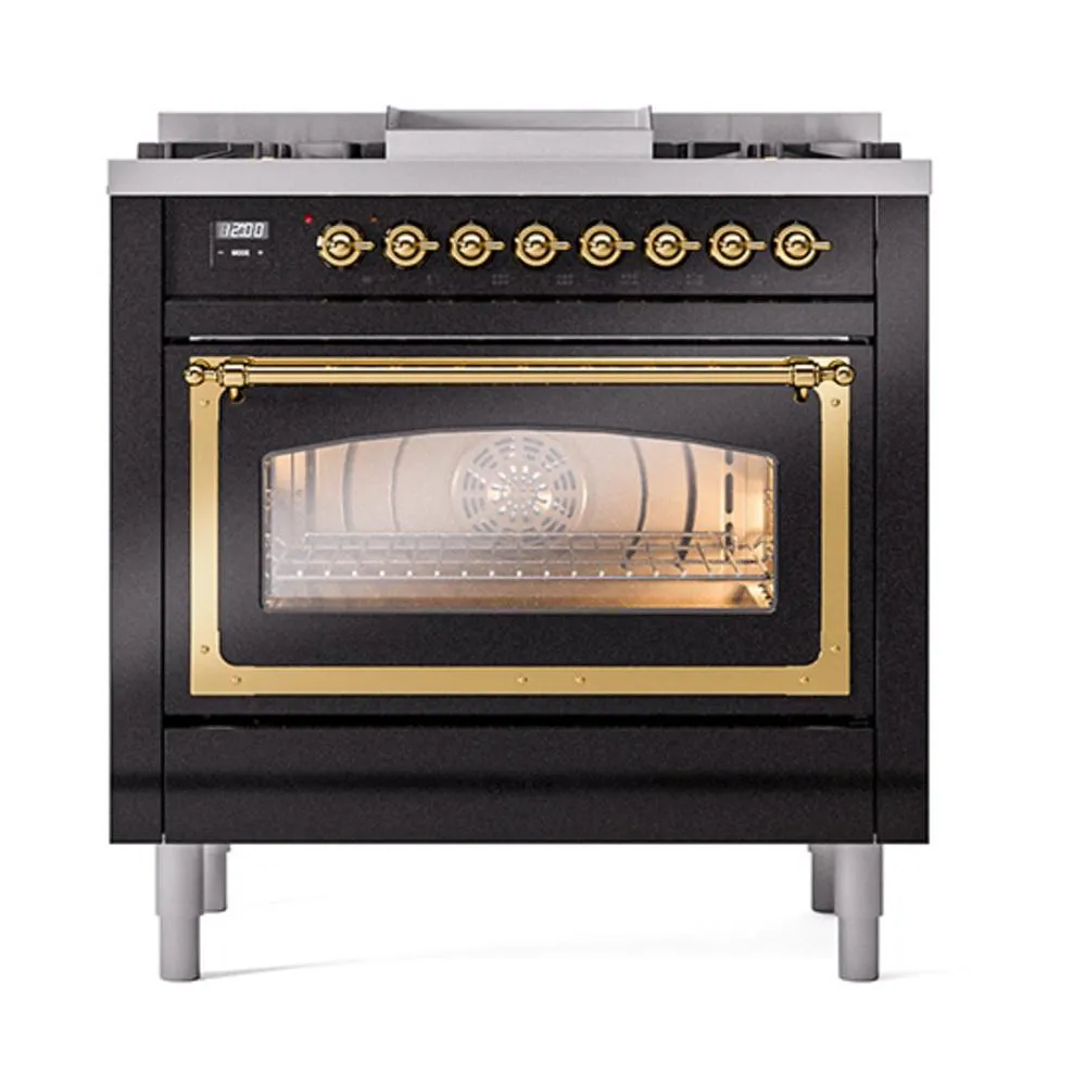 Ilve UN36FNMPBKG Ilve Un36Fnmpbkg Nostalgie Ii Noblesse 36" Dual Fuel Range (Natural Gas, Triple Glass Door, Glossy Black, Brass)