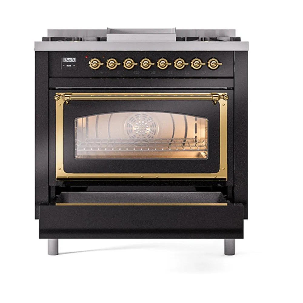 Ilve UN36FNMPBKGLP Ilve Un36Fnmpbkglp Nostalgie Ii Noblesse 36" Dual Fuel Range (Liquid Propane, Triple Glass Door, Glossy Black, Brass)