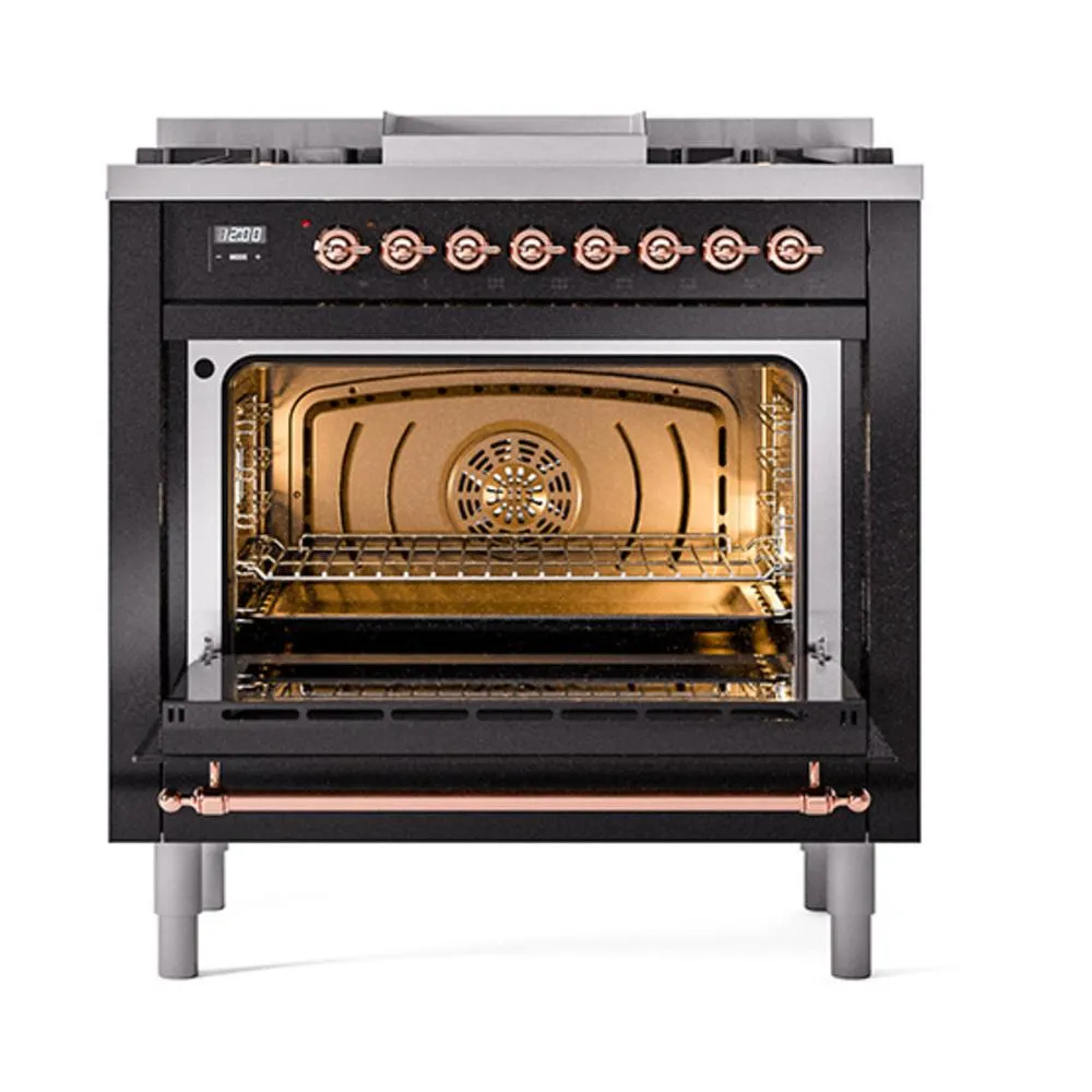 Ilve UN36FNMPBKPLP Ilve Un36Fnmpbkplp Nostalgie Ii Noblesse 36" Dual Fuel Range (Liquid Propane, Triple Glass Door, Glossy Black, Copper)